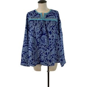 J.Crew Women's Embriodered Paisley Printed Peasant Tunic Blouse Blue SZ L